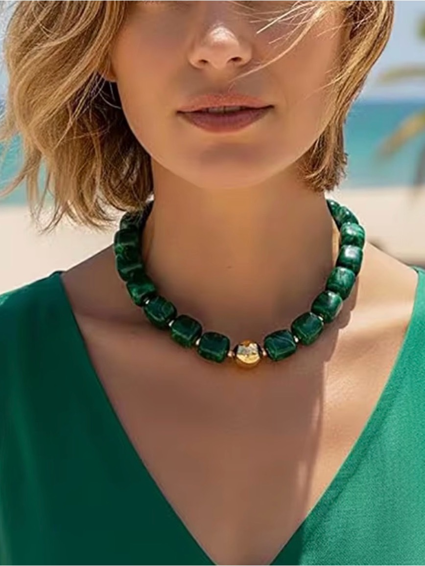 Green Beaded Necklace With Gold Accents